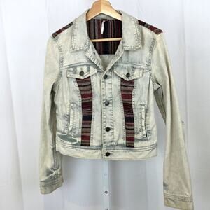 Free People Size 4 Baja Bleached Denim Jean Jacket Distressed Western Woven Trim
